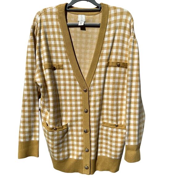 Joie Oversized Gingham Plaid Button Front Cardigan Yellow Mustard White Sz XL - Picture 1 of 12